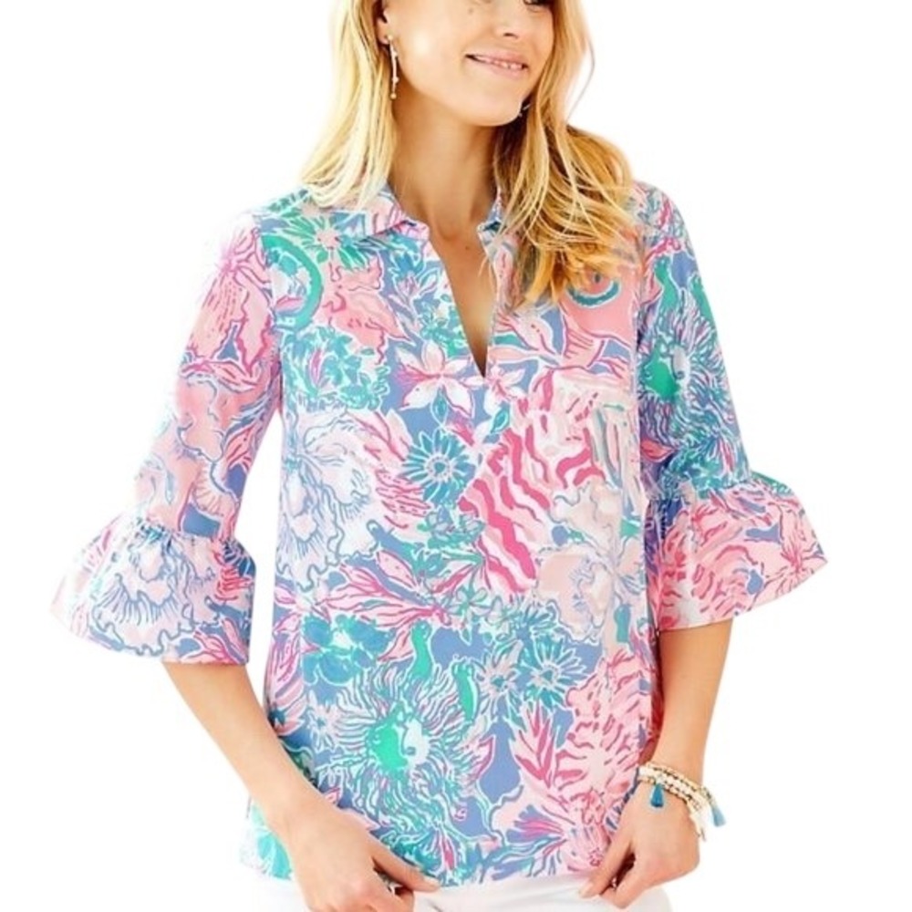 Lilly Pulitzer Small Top Pink Blue Ginger‎ Top Viva La Lilly Bell Sleeve 125